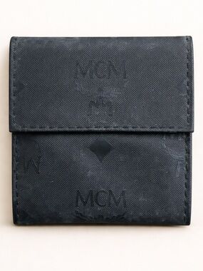 MCM Black Visetos Snap Coin Card Wallet Handmade Signed Vintage